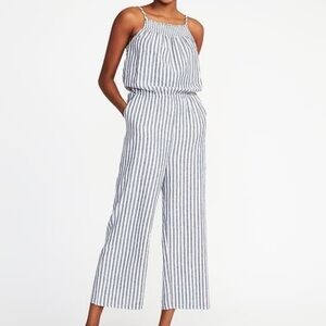OLD NAVY Striped Linen-Blend Wide-Leg Jumpsuit Navy White Boho Size Small